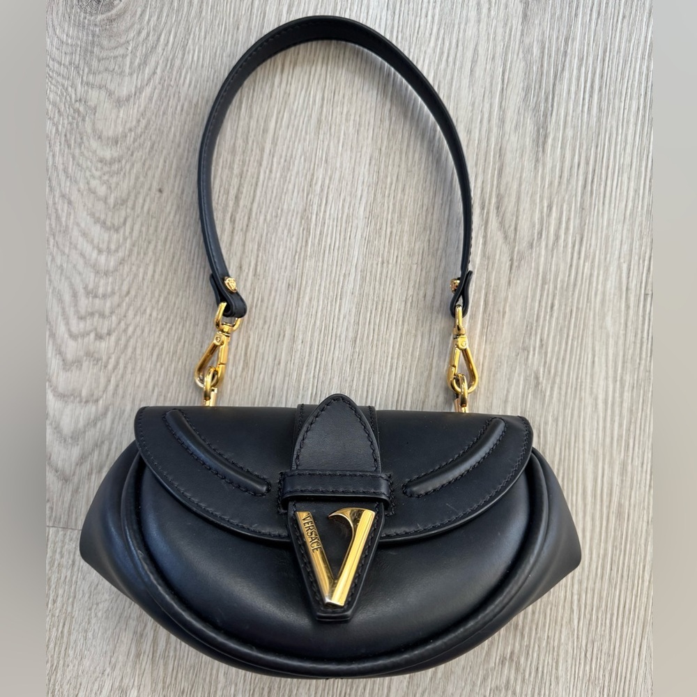 Authentic Versace Virtus Black Leather mini Shoulder Bag with Gold Accents